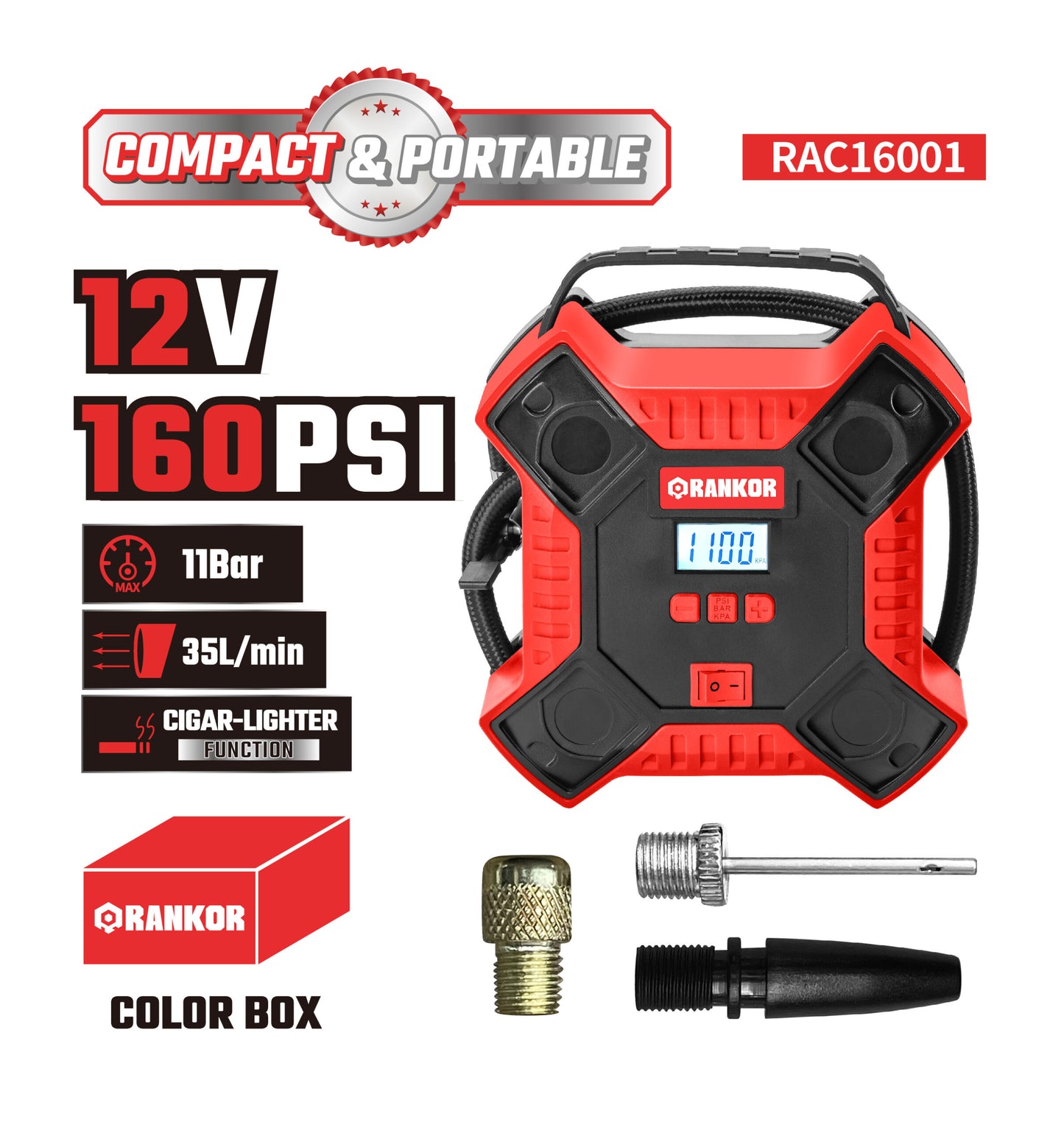 COMPRESOR DE AIRE 12V PARA AUTOMOVIL 160 PSI RANKOR / RAC16001